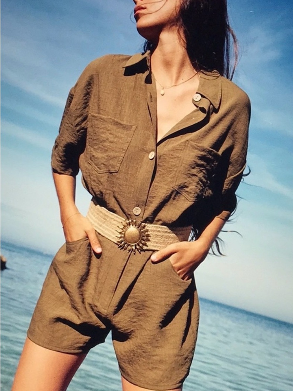 Zara Olive Green Linen Short Romper